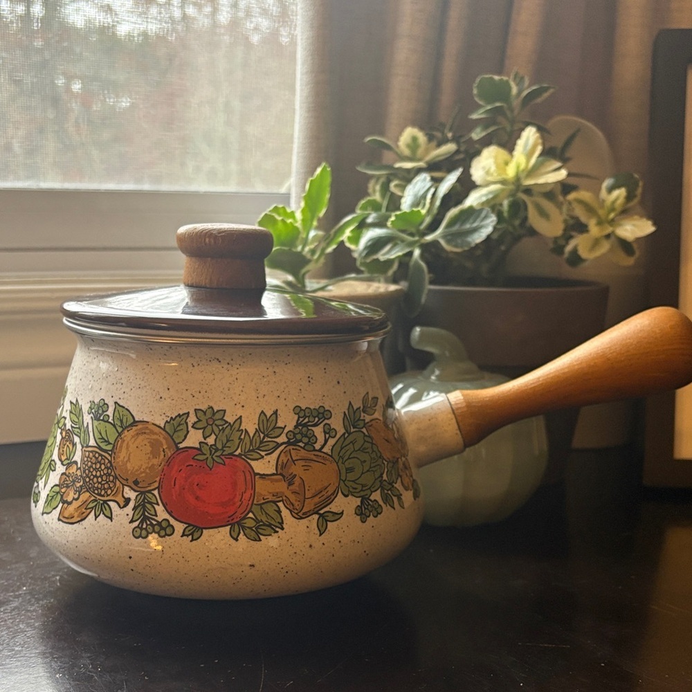 MCM Levcoware Vintage Vegetable Design Pot Wooden Handle Cottagecore